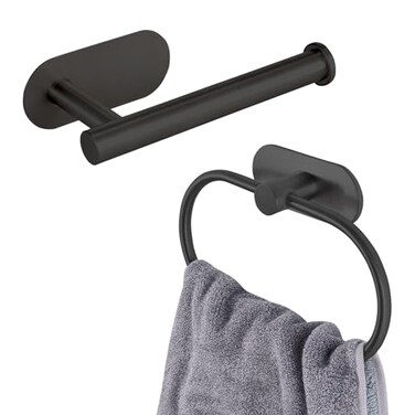 Toilet Paper Holder/Towel Ring Self Adhesive, Eolax No Drilling Black Bathroom Hardware Accessories, Stainless Steel Sticky Toilet Roll Hanger and Hand Towel Holder, Wall Mounted, 2 Pieces