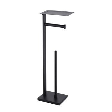 Miyili Matte Black Freestanding Toilet Paper Holder with Shelf, Paper Towel Dispenser Storage Organizer for Bathroom Square Style, F04B2