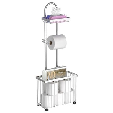 Freestanding Toilet Paper Holder Toilet Tissue Rack Scroll Stand Roll Dispenser with Storage Shelf Reserve for Phone Tablet Magazine Bathroom Organizer Bath Tissue Organizer (Silver)