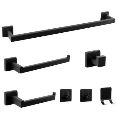 NearMoon 7 Pieces Bathroom Hardware Set 304 Stainless Steel-Square Towel Rack Set Include 24" Towel Rod+ 10" Hand Towel Bar+ Toilet Paper Holder+ 4Robe Towel Hooks Bathroom Accessories (Matte Black)