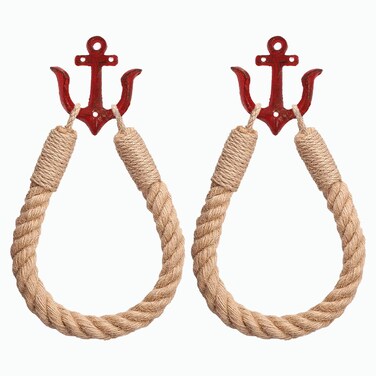 Nautical Toilet Paper Holder Wall Mount Rope Curtain Tiebacks with Natural Rustic Jute Rope for Beach Seaside Theme Room (Red+Red)