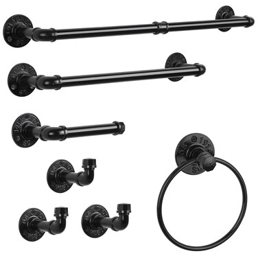 Bathroom Hardware Fixture Set Industrial Towel Bar Sets with Paper Towel Rack Wall Mount Hand Towel Holder Roll Ring Toilet Paper Holder and Pipe Robe Towel Holder Hanger for Farmhouse Home, 7 Pieces