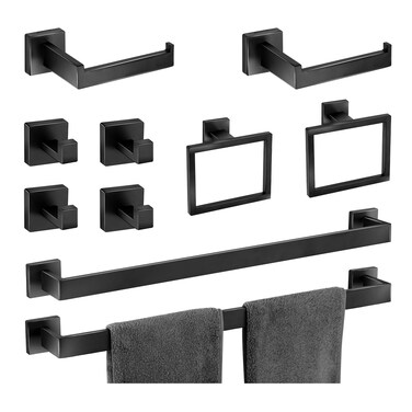 Bathroom Hardware Accessories Set 10 Pieces Matte Black Towel Bar Set 24 Inch, Towel Rack Rings Stainless Steel Bath Coat Hooks Wall Mounted Toilet Paper Holder