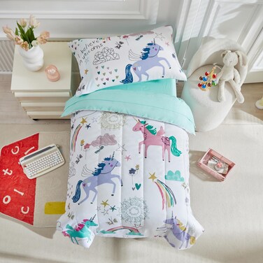 4 Pieces Toddler Bedding Set for Girls White Toddler Bed Set - Ultra Soft Cartoon Teal Unicorn Rainbow Stars Print Toddler Bed in a Bag - Toddler Comforter Set + Fitted Sheet +Flat Sheet + Pillowcase