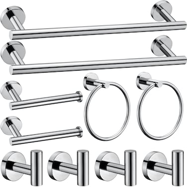 10 Pieces Polished Chrome Bathroom Hardware Accessories Set,Hand Towel Ring,16 inch Towel Bar,Toilet Paper Holder,4pcsTowel Hooks,Round SUS304 Stainless Steel Heavy Duty Wall Mount Holder,Towel Rack