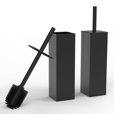 RUACQ Toilet Brush and Holder Set 2pcs,Square Toilet Bowl Brush for Bathroom with 304 Stainless Steel Handle Toilet Cleaner Brush with Durable Scrubbing Bristles,Splash-Proof (Matte Black)