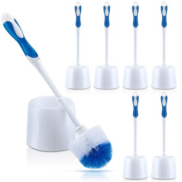 Tioncy 6 Pack 14.96 Inches Toilet Brush with Holder Toilet Bowl Brush and Caddy Set Stiff Bristles Toilet Scrubber for Bathroom Cleaning Supplies (Blue,White)