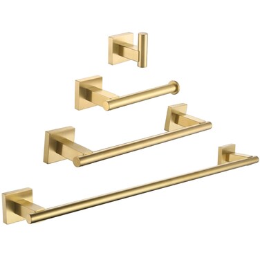 Suyar Brushed Gold Bathroom Accessories, 304 Stainless Steel Bathroom Hardware Set 4 Pieces, Include Robe Hook, Toilet Paper Holder, Hand Towel Holder, Long Towel Bar, Wall Mount