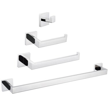 Bathroom Hardware Set 4-Piece, Angle Simple SUS304 Stainless Steel Bath Accessory Kit, Bathroom Fixture Set with Robe Hook, Toilet Paper Holder, Towel Holder and Towel Bar Polished Chrome