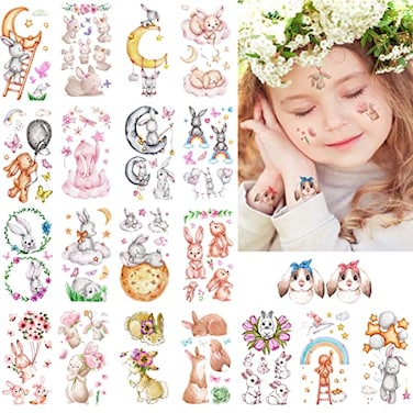 VIWIEU 20 Pack Small Kids Bunny Tattoos Temporary Rabbit Stickers for Girls and Boys Birthday Party Favors, Waterproof Easter Basket Goodie Bag Fillers Decorations Christmas Stocking Stuffers