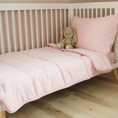 ZPECC Toddler Bedding Set - 4 Piece Soft Crib Bedding Set for Girls, Includes Toddler Comforter, Flat Sheet, Fitted Sheet and Pillowcase, Pink Stripe
