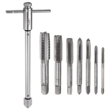 HARFINGTON T-Handle Ratchet Tap Wrench + Metric Tap Set, 7pcs M3 M4 M5 M6 M8 M10 M12 Thread Taps and M5-M12 Adjustable 10" Long Ratcheting Wrench Hand Tapping Tools