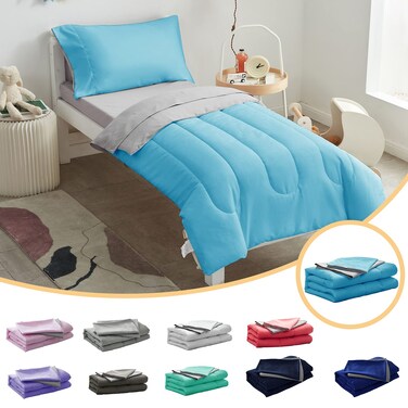 UOZZI BEDDING 4 Pieces Toddler Bedding Set Ultra Soft and Breathable Toddler Sheet Set - Includes Comforter, Flat Sheet, Fitted Sheet and Pillowcase - Pink &amp; Gray