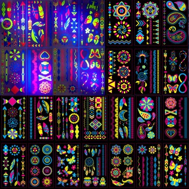 Neon Temporary Tattoos 20 Large Sheets Glow In The Dark UV Tattoos Glitter Butterfly Flowers Feather Jewellery Tattoos Stickers for Women Girls Body Art Party Decoration