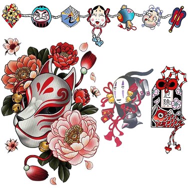 PUSNMI Japanese Temporary Tattoos Kit for Women Fox Mask Cherry Blossoms Traditional Tattoo Stickers Dharma Guardian of Doom Classic Temporary Tattoo Realistic Long Lasting Temporary Tattoos