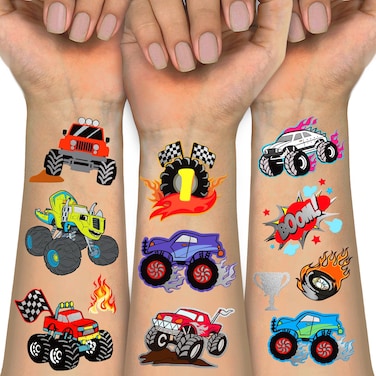 Temporary Tattoos for Kids, 75 PCS Truck Fake Tattoos for Birthday Party Favor- Silver Metallic Styles Tattoos   Monster Truck, Car Racing, Checkered Flag, Flames Tattoo for 5 6 7 8 Years Boys Girls