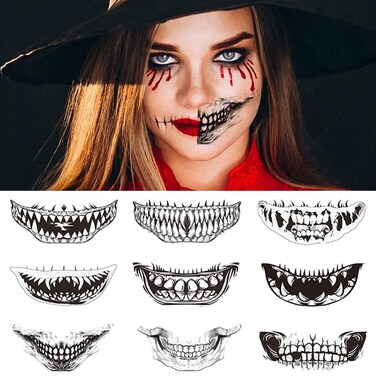 Halloween Temporary Tattoos Horror Mouth Tattoo Stickers Black Clown Lip DIY Decoration Big Mouth Fake Tattoos Prank Props for Halloween Cosplay Makeup Party Decorations 10Pcs
