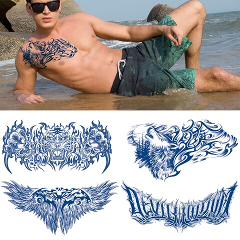 Glaryyears Semi Permanent Tattoos for Women Girls, 4 Pack Kit Large Realistic Long Lasting Temporary Tattoo Looks Like Real Makeup, Cool Flowers Letters on Body Chest Underboob Tramp Stamp Lower Back