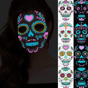 Halloween Party Tattoo Stickers Funny Face Neon Fake Tattoo Luminous Festival Accessories Decor DIY Self Adhesive Rose Scar Masquerade Temporary Tattoo Stickers for Women and Girls 4PCS