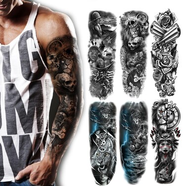 Kotbs 6 SheetsTribal Lion Forest Full Arm Temporary Tattoo Sleeves for Women Adults, Realistic Lion, Clock, and Skull Design, Fake Tattoo Sleeves for Cosplay, Halloween, and Festivals