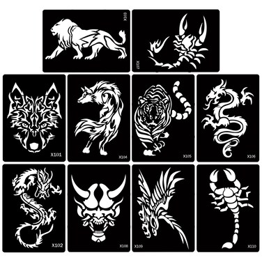 Kotbs 5 Sheets Henna Tattoo Stencil Kit Animals Pattern, 10pcs Large Tiger Dragon Wolf Eagle Scorpion Temporary Glitter Airbrush Tattoo Stencils Tattoo Stickers for Body Arm Leg Paint Body Art