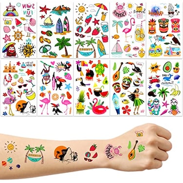 LOMIMOS 138pcs Hawaiian Luau Themed Temporary Tattoo,Tropical Summer Beach Pool Party Sticker for Kid Adult (10 Sheets)