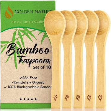 Golden Nature Bamboo Spoon Set (10 Pc), Small Kitchen Teaspoons, Tiny Wooden Spoons Perfect for Sugar, Spices, Seasoning, Coffee, Jam, Herbs, Honey &amp; Dessert