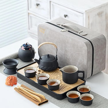 ICHAG Japanese Tea Set, Chinese Tea Set, Tea Sets for Adults, Tea Pet, Gongfu Tea Set, 14-Piece Porcelain Tea Set Withgrey Leather Case, Portable Asian Tea Set for Gifting, Home, Outdoor, Business