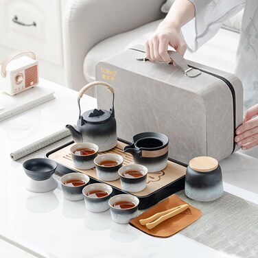 ICHAG Japanese Tea Set, Chinese Tea Set, Asian Tea Set for Adults, Gongfu Tea Set, Portable Ceramic Teaset, 13-Piece Withgrey Leather Case, Gradient Tea Set for Present, Home, Outdoor, Busines