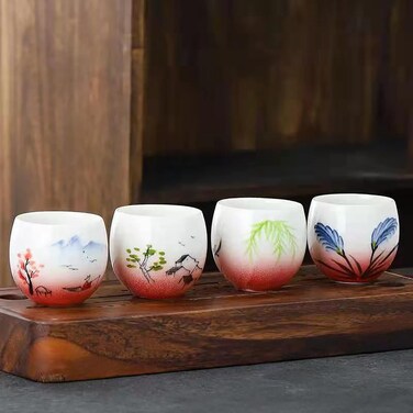 MQjzsh Hand drawn Chinese Japanese style traditional ceramic tea cup set of four, tea set, kung fu tea cup, coffee cup (red 2)