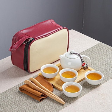 Hoobar Chinese Kungfu Tea Set Portable Ceramic Teacup Set Hand Made Gongfu Teapot Kit with a Travel Bag 4 Cups (Green)