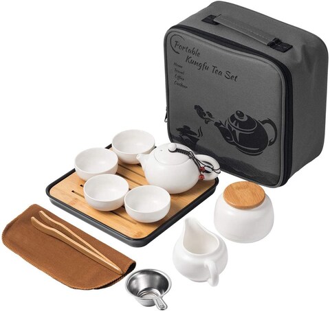 Lyty Chinese Tea Pot Cup Set with Tray Infuser - Travel Ceramic Tea set Porcelain Teapot, Portable All in One Bag for Outdoor Picnic Business Hotel (White)