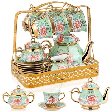 Suttmin 22 Pcs Fancy Porcelain Tea Sets Adult Coffee Tea Sets Gift with Metal Holder European Ceramic Tea Set Tea Party Set for Adult Flower Tea Set for Women with Flower Painting Party(Cyan Flower)