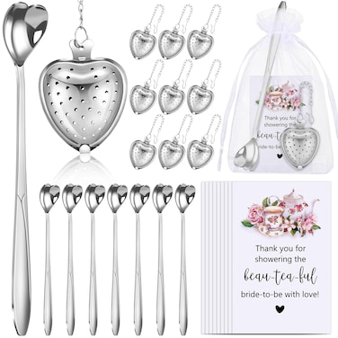 50 Sets Bridal Shower Favors for Guests Tea Party Favors Heart Tea Infuser Tea Spoon Tea Steeper for Loose Tea with Thank You Cards Organza Bags for Wedding Bridal Shower Souvenir, No Tea (Silver)