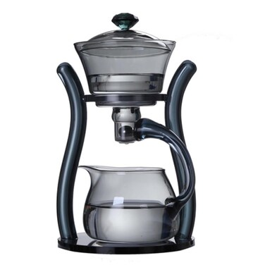 Mozeo Lazy Kungfu Grey Glass Teapot Semi-automatic Tea Suit Drip Rotating with Infuser Tea Pot Office Flower Glass Tea Set (Grey Single)