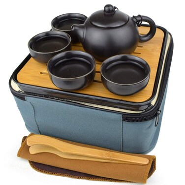 Yxhupot Travel Tea Set Kungfu Tea Pot Cups Tray with Gift Accessories Black Portable Packaging (Black-A)