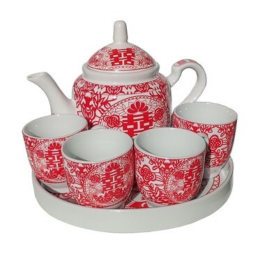 Chinese Tea Gift Set Service Porcelain Tea Pot 4 Cups tray for Adults Men Women Tea Ceremony Wedding Party Home Decor (Double Happiness S)