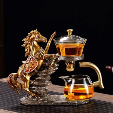 Glass Kungfu Teapot Set Tea maker with Infuser Semi Automatic Tea Set (Golden red horse)