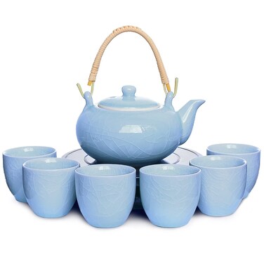 Dahlia Ice Crack Celadon Porcelain Tea Set: Teapot w. built in Infuser+ 6 Teacups in Gift Box, Blue