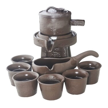 Chinese Shimo Gongfu Tea Set Service Automatic Stone-Mill Zisha TeaPot 6 Cups Gift for Tea Ceremony Party Home Office Decor