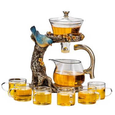 Fire Kirin Glass Teapot Set Animal Bird Design Semi-automatic Drip Rotating Bowl with Infuser Lazy Kungfu Tea Pot Set (teapot set)