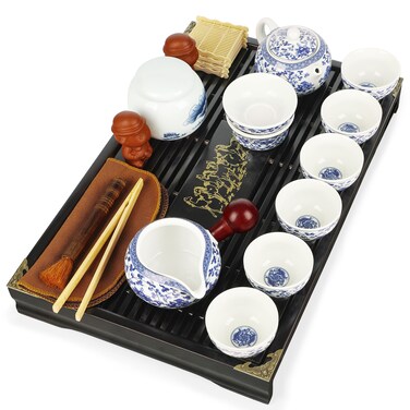 fanquare Gongfu Tea Set Blue and White Porcelain Tea Pot with 6 Cups, Dishwasher Safe, Lotus Tea Gift Set for Home Adults, Traditional Chinese Tea Ceremony Accessories