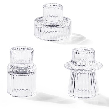 Toptime Candlestick Holders Set of 3, Ribbed Glass Taper Candle Holders, Reversible Clear Tealight &amp; Candle Stick Candle Holder Vintage Crystal Tealight Candle Holder for Wedding Dinner Party