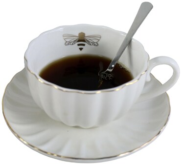 Eplze YBK Tech Strengthen Porcelain Cup and Saucer Set, 9oz Cup with Saucer - Gold Bee Inside The Cup (White)