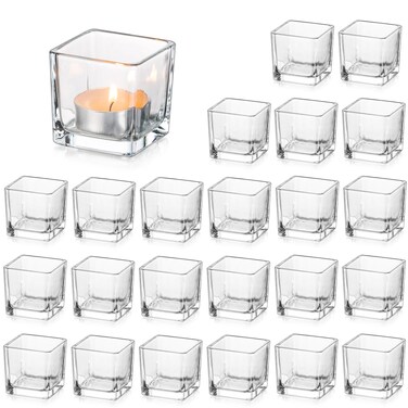 Glasseam Glass Candle Holders in Bulk, Square Votive Tea Candle Holder Set of 24, Small Clear Candle Holder Centerpiece, Mini Floating Candle Holder for Tea Light Wedding Dining Table Decorations