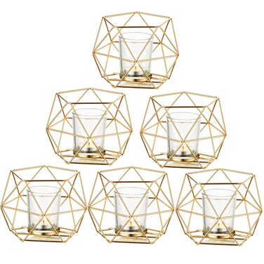 Geometric Tealight Candle Holders Gold - Votive Candle Stand Accents for Tea Light Decorative for Home Table Shelf Mantel Modern Geo Decoration Christmas Wedding Reception D&Atilde;&copy;cor, Gold, 6pcs