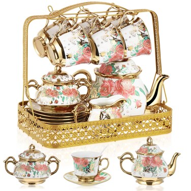 Suttmin 22 Pcs Fancy Porcelain Tea Sets Adult Coffee Tea Sets Gift with Metal Holder European Ceramic Tea Set Tea Party Set for Adult Flower Tea Set for Women with Flower Painting Party(Pink Rose)