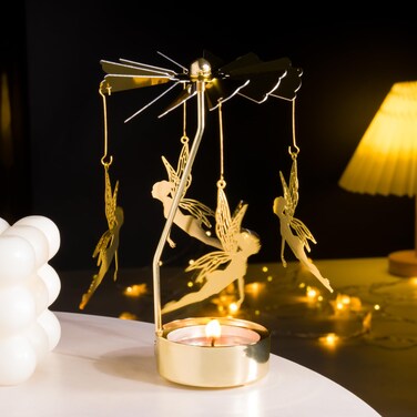 Toptime Spinning Candle Holder, Gold Tea Lights Candle Holder Fairy Carousel Candle Spinner, Rotating Metal Candle Holders for Table Centerpiece Angel Candle Holder for Christmas Festival Home Decor