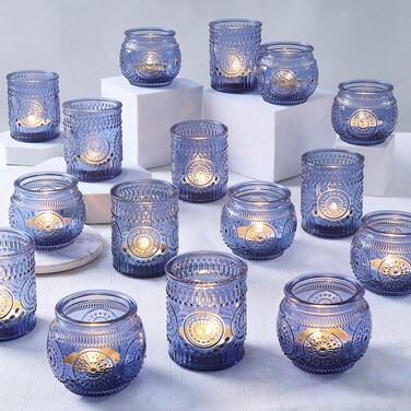 36 Pcs Blue Candle Holders Bulk- Blue Votive Candle Holders, Fall, Assorted Glass Tea Lights Candle Holders for Thanksgiving, Fall, Wedding, Bridal Shower, Christmas Table Centerpieces Decor