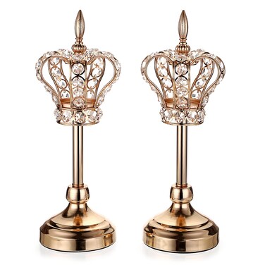OwnMy 2PCS Crystal Crown Candlestick Holders Tea Light Holders Metal Tealight Candelabra, Gold Crystal Votive Candlesticks Set Elegant Candle Stick Holder Candle Centerpiece for Dining Table, 14" H